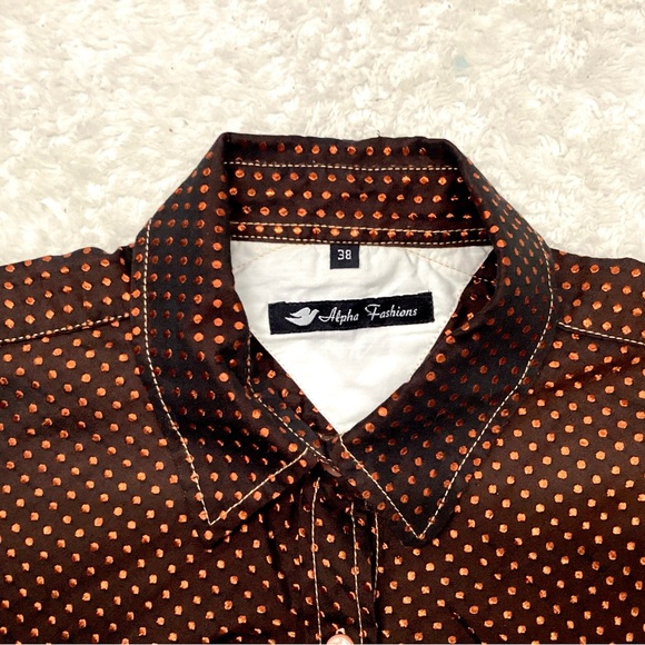 Men’s black w/ orange polka dots button-down western shirt by ALPHA FASHIONS/ M - Picture 3 of 4